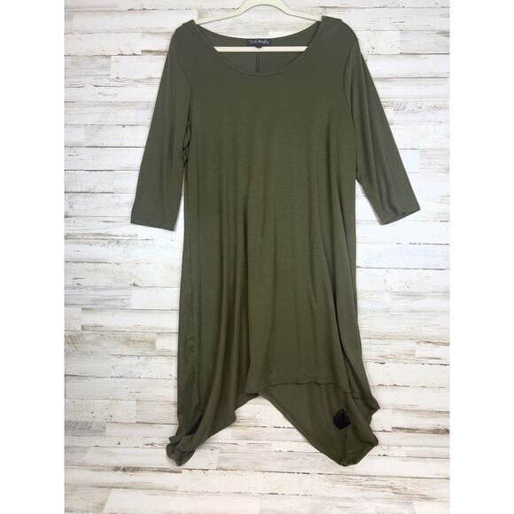 French Atmosphere Dress Women Size 1X Solid Dark Green Stretch Rayon 3/4 Sleeved - Picture 1 of 6
